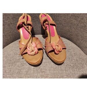 BCBGIRLS Tan Leather Pink Whipstitch Cork Platform Stiletto Sandals Size 7B 37